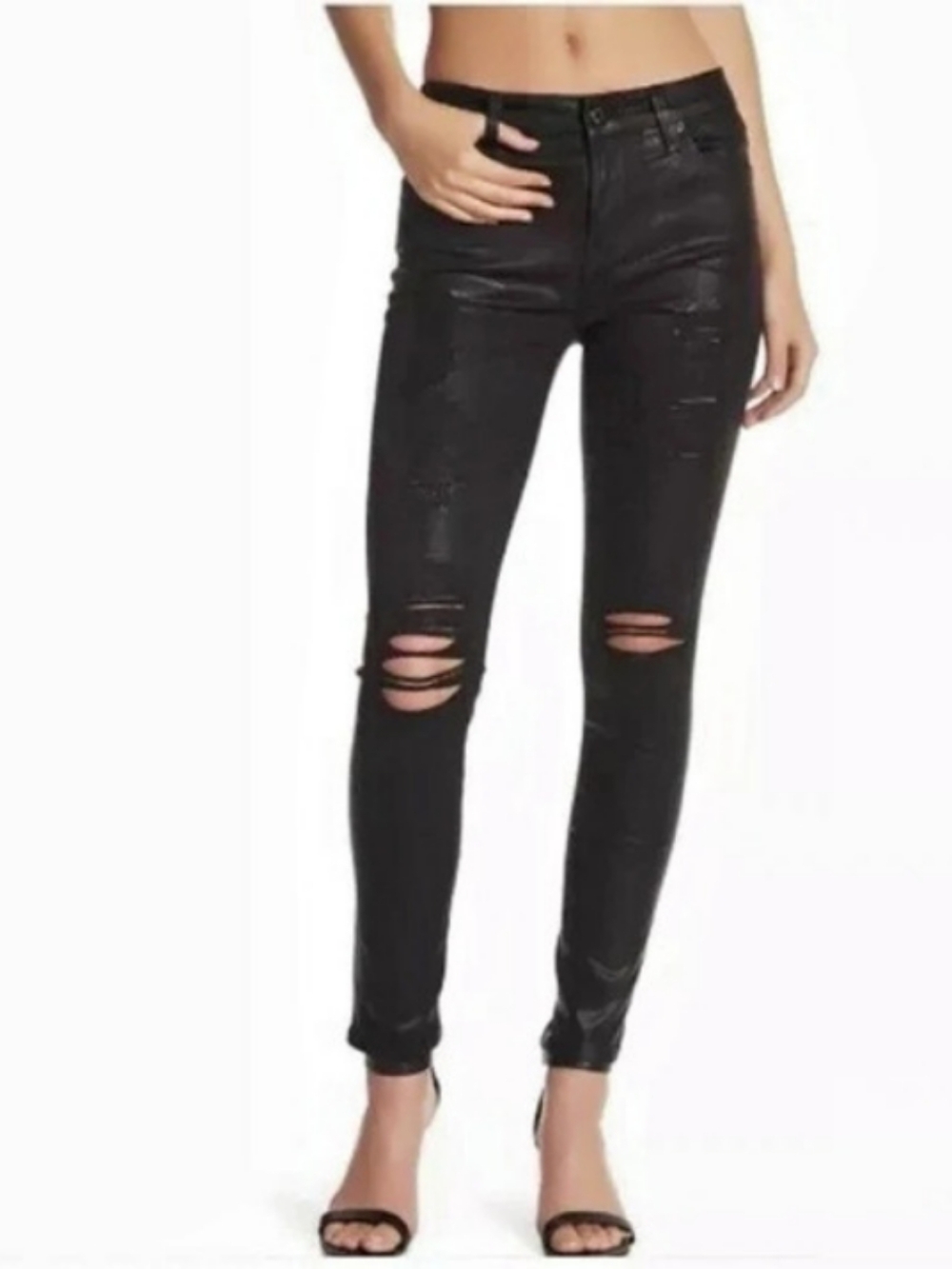 7 for All Mankind Coated Ankle Distressed Skinny Jeans in Black Waist 27
